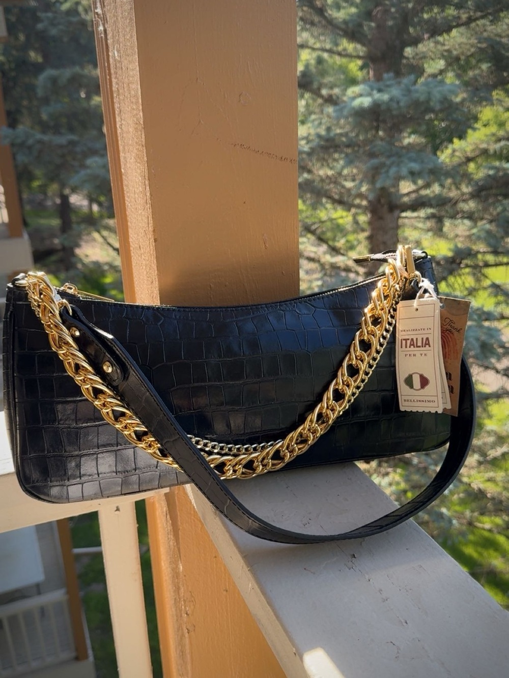 Anna PAOLA Black Shoulder Bag with Gold Chain